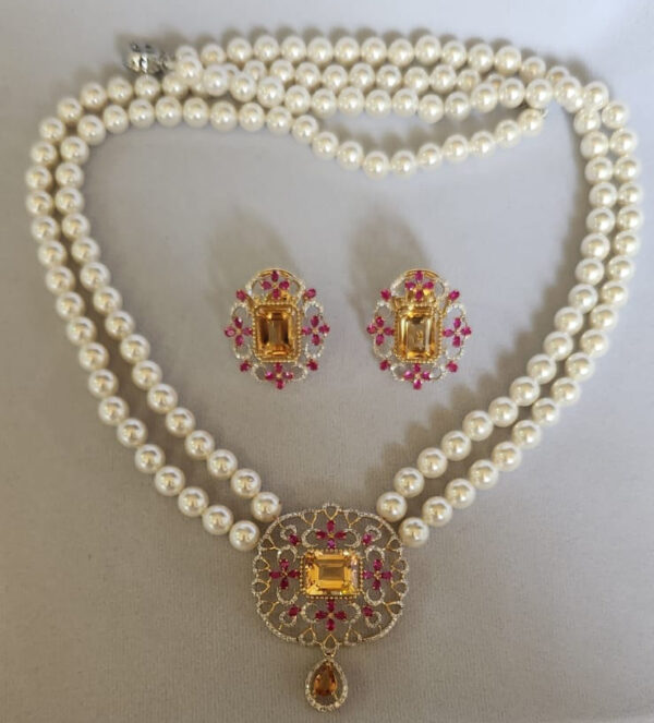 Pendant Earrings Set With Diamonds & Pearls